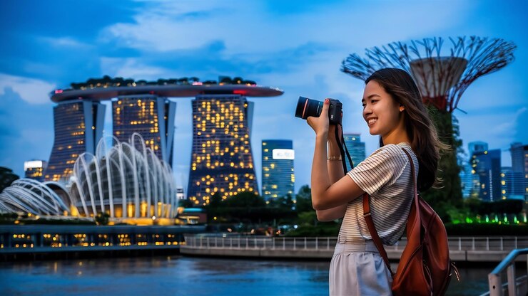 Foto jonge vrouw neemt foto's in singapore.