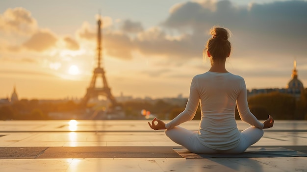 Foto jonge vrouw oefent yoga in parijs bij zonsopgang voor de prachtige eiffeltoren