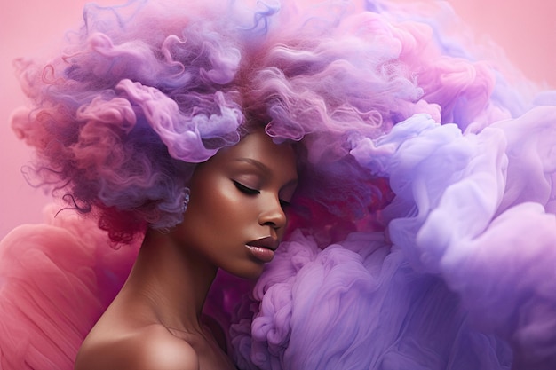 Jonge vrouw omringd door een kleurrijke rookwolk