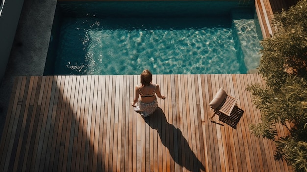 Jonge vrouw ontspannen in het zwembad van luxe villa Generative Ai