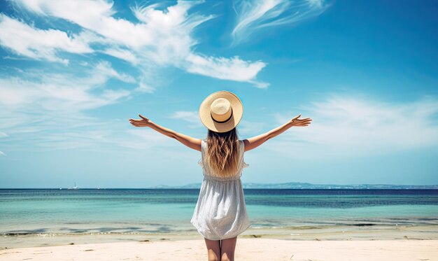 Jonge vrouw ontspannen op een zonnig strand met een hoed die zomervakanties AI generatief belichaamt