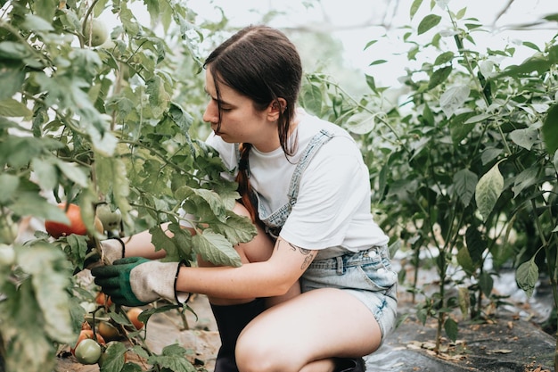 Jonge vrouw oogst verse groenten uit de kas terwijl ze handschoenen gebruikt om groenten te verbouwen Duurzaamheid en gezond voedingsconcept Bio eco Biologische rauwe producten geteeld op een thuisboerderij