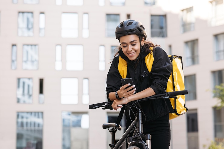 Foto jonge vrouw op de fiets.