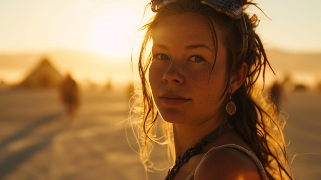 Jonge vrouw op een muziekfestival in de woestijn