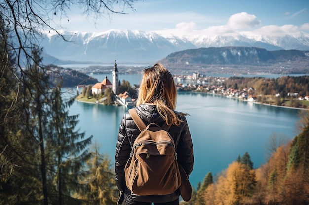 Jonge vrouw op wandeltocht met alpen, bergen en alpenmeer op de achtergrond