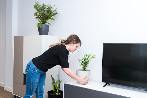 Jonge vrouw planten aanbrengend haar nieuwe huis