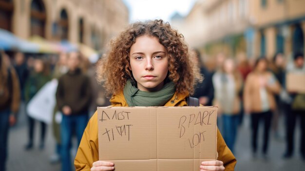 Foto jonge vrouw protesteert tegen klimaatverandering met een leeg bord