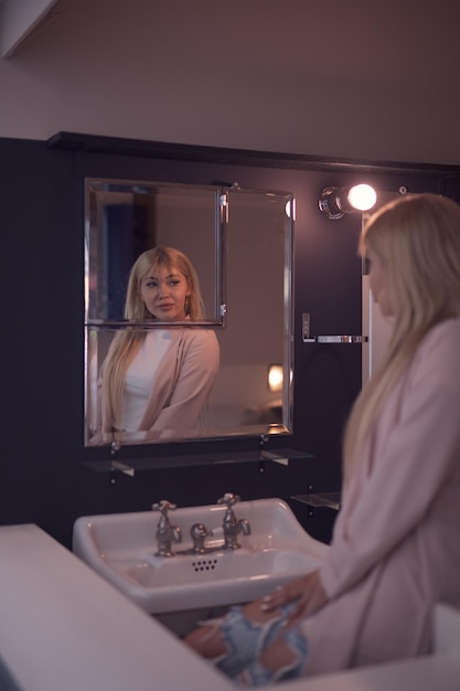 Foto jonge vrouw reflecteert op spiegel in badkamer