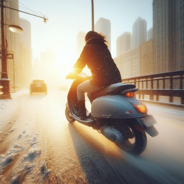 jonge vrouw rijdt bromfiets-scooter in sneeuwstorm in de winter op een door de stad verhandelde weg