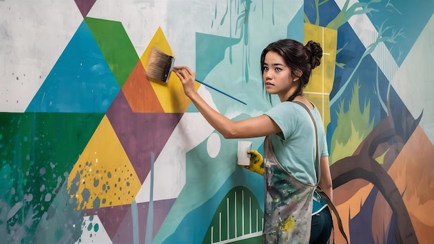 Jonge vrouw schildert muren, doet reparaties.