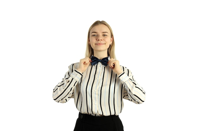 Jonge vrouw serveerster geïsoleerd op witte achtergrond