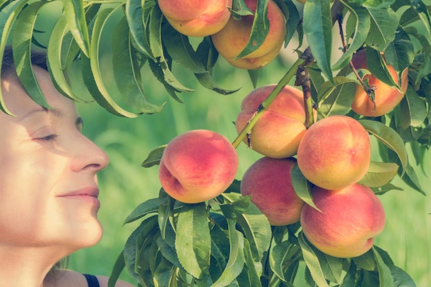 Jonge vrouw snuift perzik van boom in de tuin