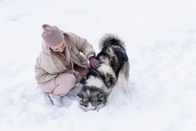 Jonge vrouw spelen met Siberische husky hond in de sneeuw op winterdag, trainen en wandelen met haar hond. Vriendschap, lieve hond, beste huisdier, hond voor een wandeling met zijn baasje