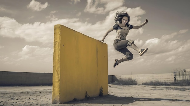Jonge vrouw springt over een geïsoleerde gele muur.