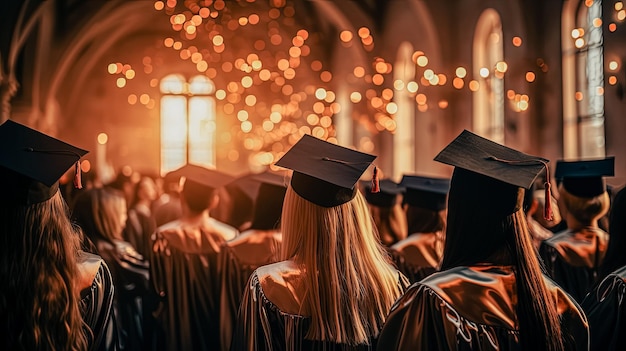 Jonge vrouw staat met zijn rug afstuderen feest