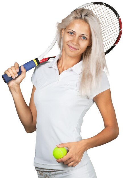 Jonge vrouw tennisser met haar racket geïsoleerd op wit