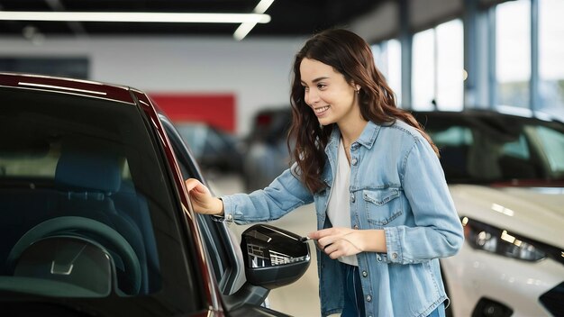 Jonge vrouw test een auto in een showroom.