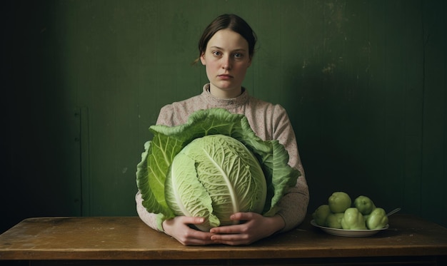 Jonge vrouw toont trots een verse grote kool en haar oogst in een zonovergoten keuken. Gemaakt met generatieve AI-tools