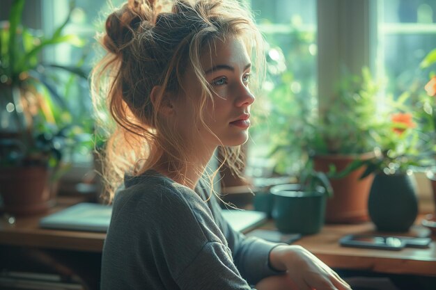 Jonge vrouw verloren in gedachten bij venster met planten