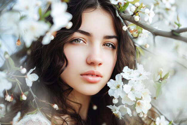 Jonge vrouw versierd met een delicate bloemenkrans poseert in zacht natuurlijk licht