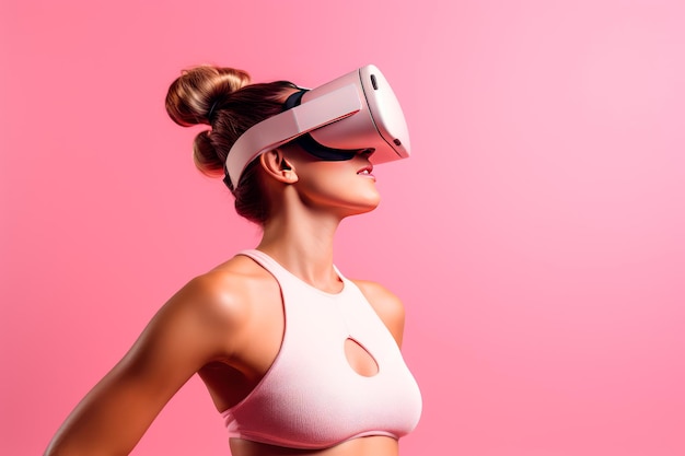 Jonge vrouw virtuele realiteit fitness studio licht paarse achtergrond