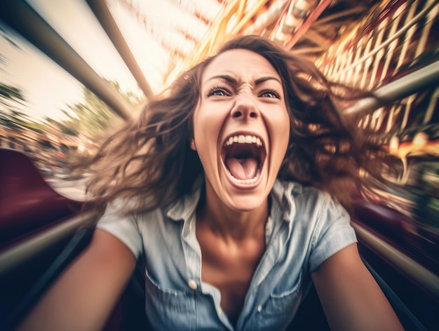 Jonge vrouw vreugdevol schreeuwen op een achtbaan