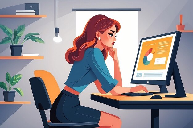 Jonge vrouw werkt aan de computer vector illustratie in platte stijl