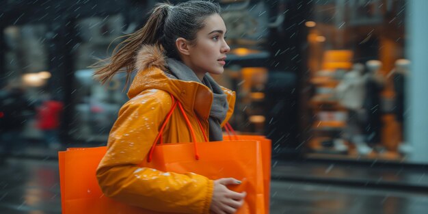 Jonge vrouw winkelen in de regen met oranje tas stad lifestyle concept