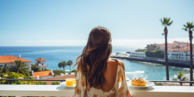 Foto jonge vrouw zit aan een tafel in een hotelrestaurant achteruitzicht zomervakantie in een luxe kamer bij de zee generatieve ai