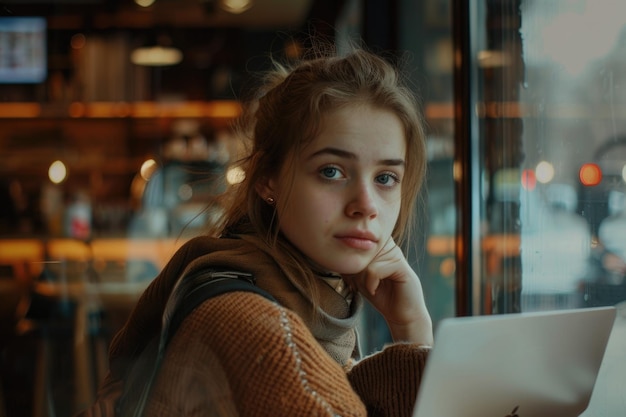 Jonge vrouw zit in een café met haar laptop, gestrest door het werk.