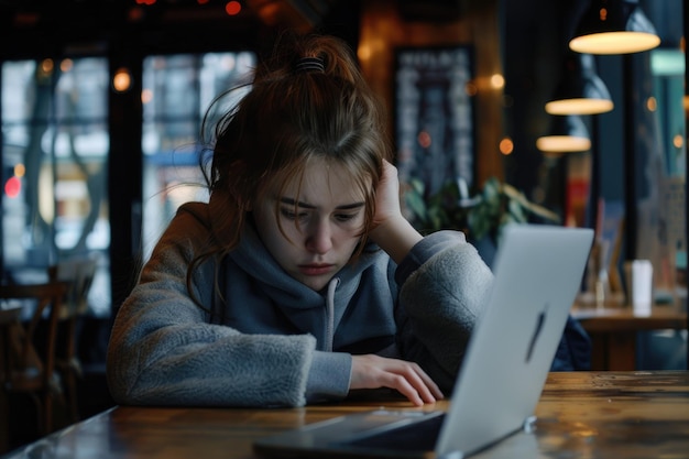 Jonge vrouw zit in een café met haar laptop, gestrest door het werk.