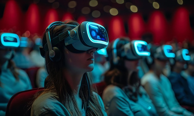 Jonge vrouw zit in een rij toeschouwers in de bioscoop met een VR-bril en koptelefoon.