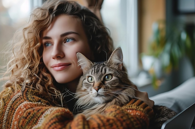 Jonge vrouw zit met haar kat in een wintertrui met een wazige achtergrond Generatieve AI