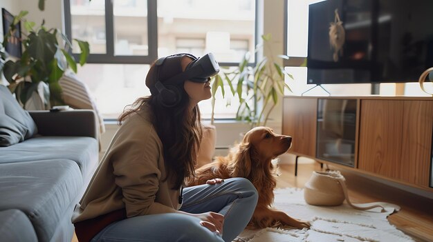 Jonge vrouw zit op de vloer voor de tv en gebruikt een VR-headset Een hond zit naast haar