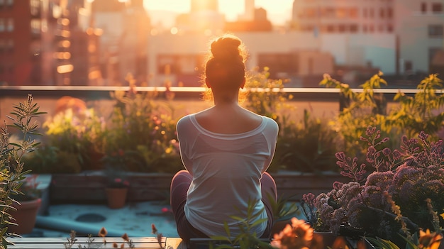 Foto jonge vrouw zit op een daktuin te genieten van de zonsondergang ze draagt een wit shirt en heeft haar haar in een broodje