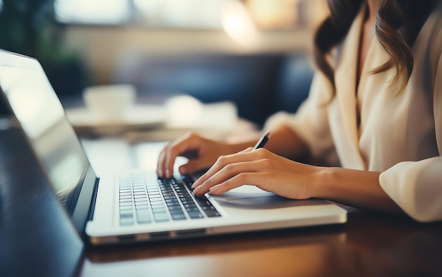 Jonge vrouw zittend op desktop laptop