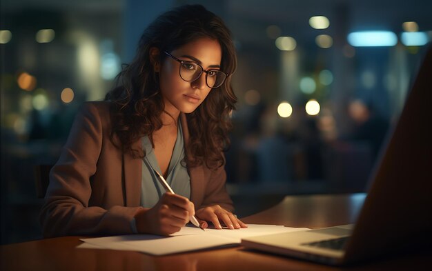 Jonge vrouw zittend op desktop laptop