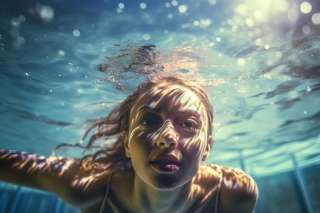 Jonge vrouw zwemt onder water Vakantie gezondheid vrouwelijke natuur actief Genereren Ai