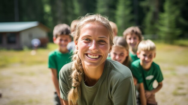 Foto jonge vrouwelijke adviseur met kinderen lacht alleen maar