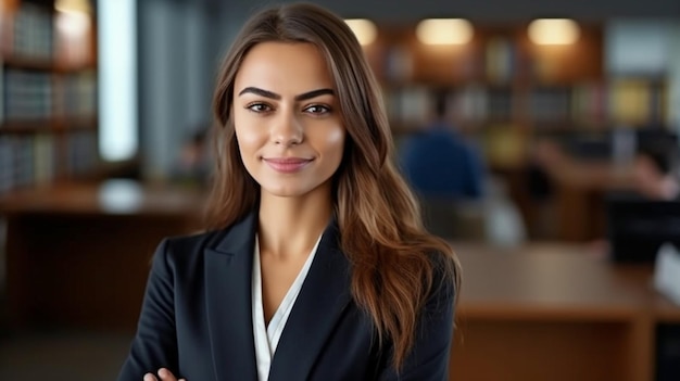 Jonge vrouwelijke advocaat of procureur in het kantoorportret grijnzend en gericht op de camera The Generative AI