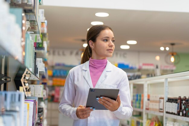Jonge vrouwelijke apotheker kijkt rond met een digitale tablet in de apotheek