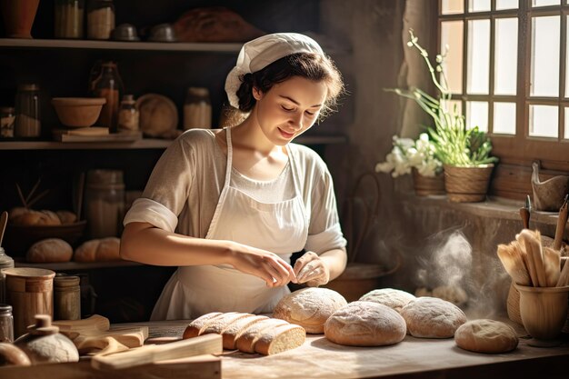 Foto jonge vrouwelijke bakker chef-kok glimlacht naar een stel deegballen op een toonbank van een bakkerij