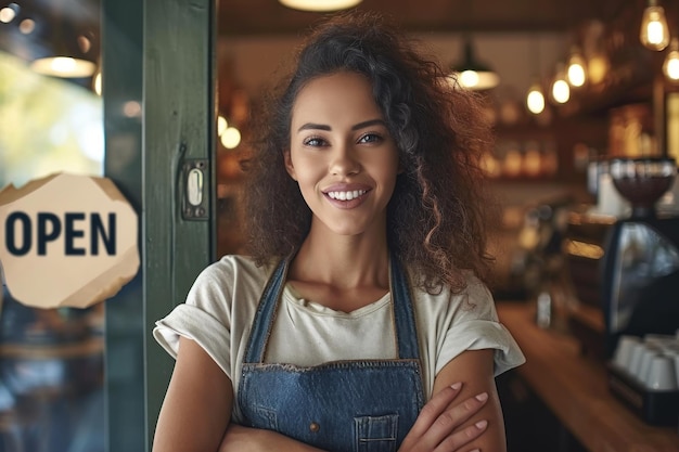 Foto jonge vrouwelijke barista met de arm gekruist met een open bord voor een café generatieve ai