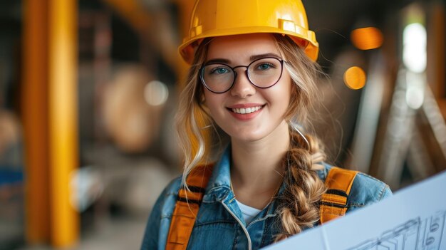 Jonge vrouwelijke bouwvakker draagt een veiligheidshelm op de bouwplaats