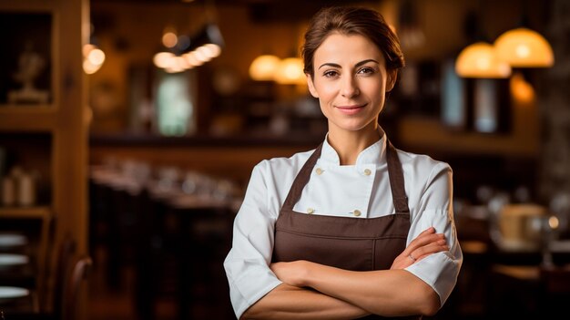 jonge vrouwelijke chef-kok die in de keuken poseert