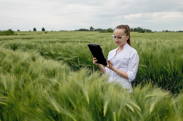 Jonge vrouwelijke ecoloog-wetenschapper in een bril die in een groen veld staat en aan een transparant glasscherm werkt