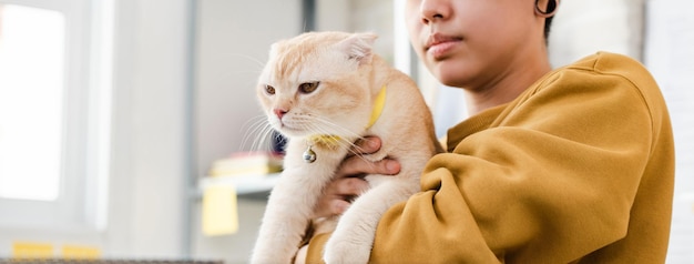 Jonge vrouwelijke eigenaar met mooie kat in haar armen