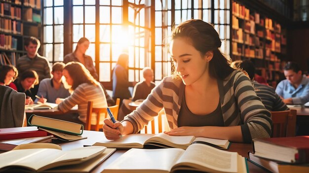 Jonge vrouwelijke filosofie-student die een les volgt in een openbare bibliotheek bij een helder raam.