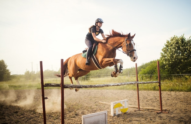 Jonge vrouwelijke jockey op haar paard dat over hindernis springt