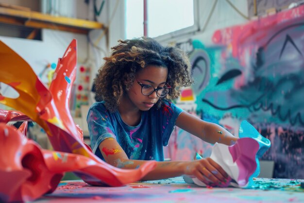 Foto jonge vrouwelijke kunstenaar die zich richt op schilderen in een levendige en kleurrijke kunststudio